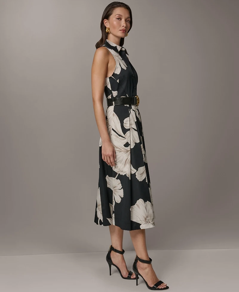Donna Karan New York Women's Sleeveless Floral Collared Midi Shirtdress