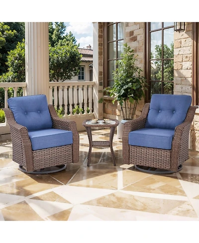 Pocassy 3-Pieces Brown Wicker Outdoor Swivel Rocking Chair with Cushion