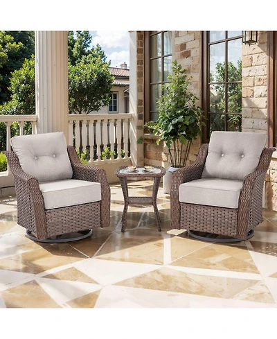 Pocassy 3-Pieces Brown Wicker Outdoor Swivel Rocking Chair with Cushion