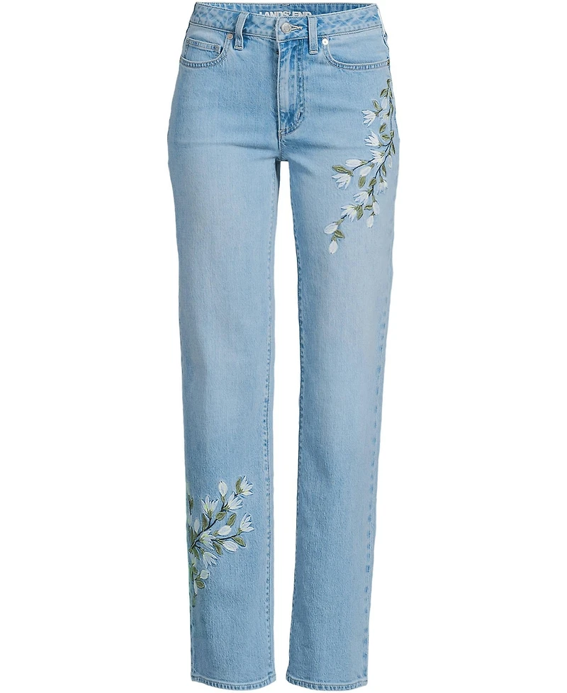 Lands' End Women's Tall Soft Denim Mid Rise Relaxed Straight Leg Embroidered Jeans