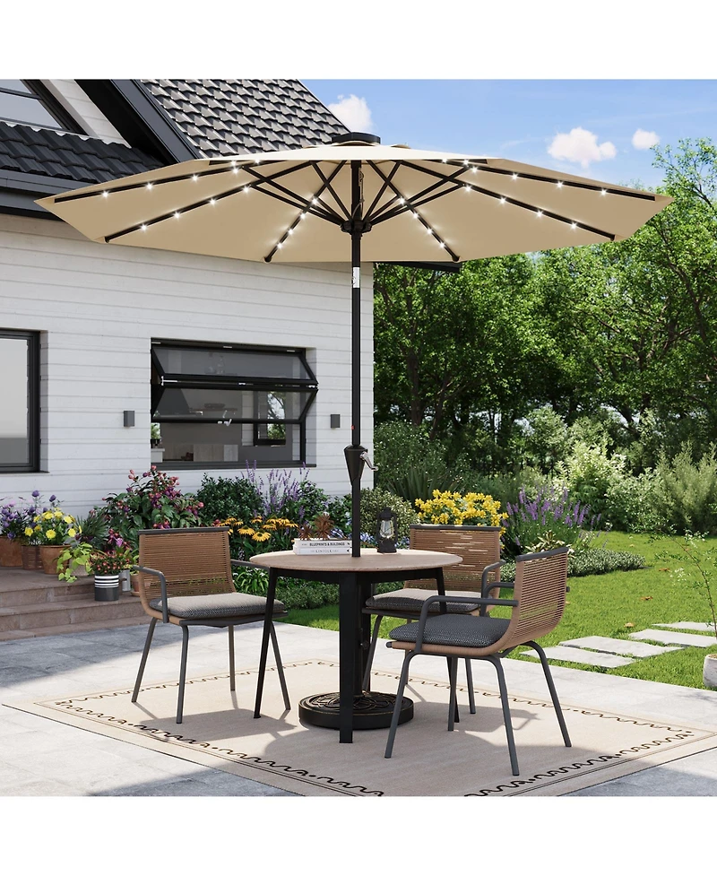 Gaomon 9FT Solar Patio Umbrella with 32 Led Lights, Outdoor Table w/Crank Lift, Push Button Tilt and 8 Sturdy Ribs