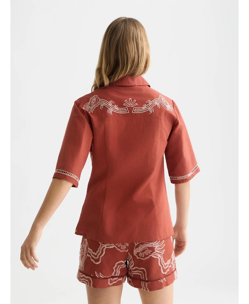 Scotch & Soda Women's Embroidered Short Sleeved Fitted Shirt