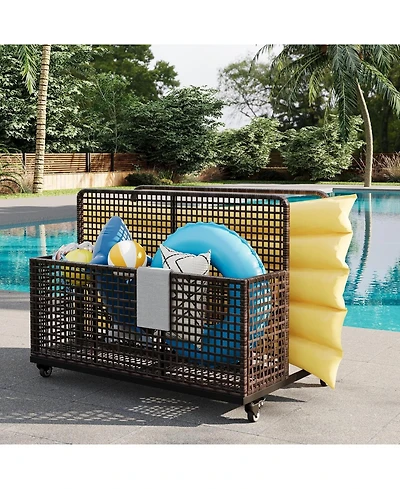 gaomon Outdoor Storage Organizer with Rolling Wheels, Wicker Rattan Pool Caddy and Toy Basket - All-Weather Pe for Poolside, Patio Deck