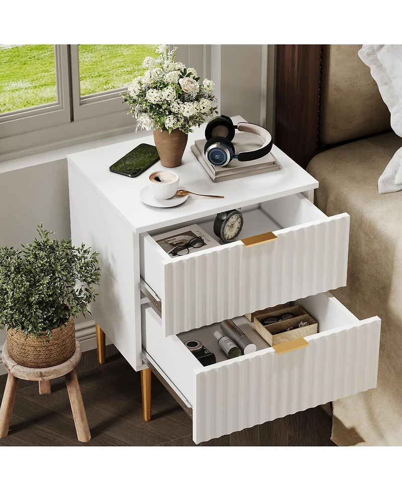 homfan 1Piece/2Piece Modern Fluted Nightstands, Built-in Usb Charging Station and Power Outlets, 2 Drawers, Gold and Wood Accents for Bedroom