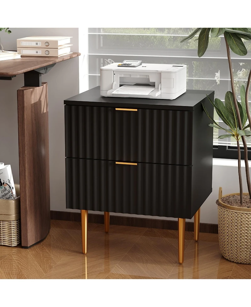 homfan Set of 2 Modern Fluted Nightstands, Built-in Usb Charging Station and Power Outlets, Drawers, Gold Wood Accents for Bedroom, Living Room