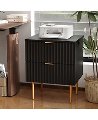 homfan Set of 2 Modern Fluted Nightstands, Built-in Usb Charging Station and Power Outlets, Drawers, Gold Wood Accents for Bedroom, Living Room