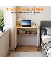 gaomon Folding Desk Small Rolling with Storage Shelf,24.8 Inch Foldable Computer Table Wheels,Portable Office for Space SofaTable