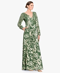 Betsy & Adam Women's Long-Sleeve V-Neck Metallic Floral Gown