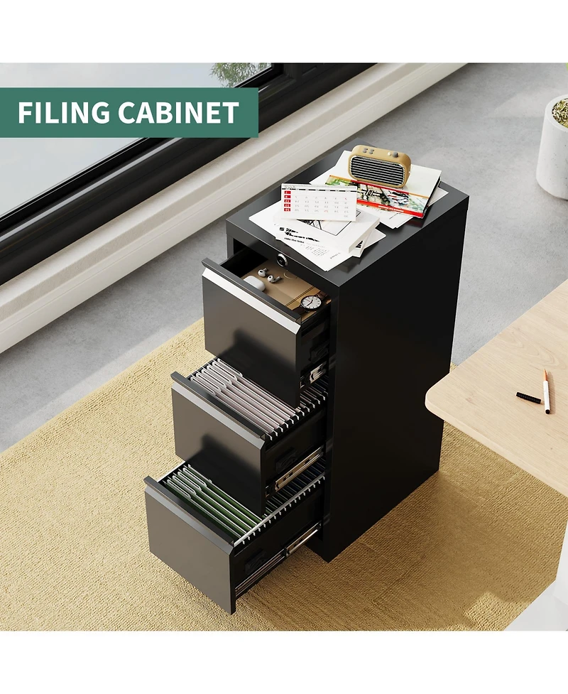 gaomon Three-Drawer Metal Filing Storage Cabinet with Lock for Home Office Document Storage
