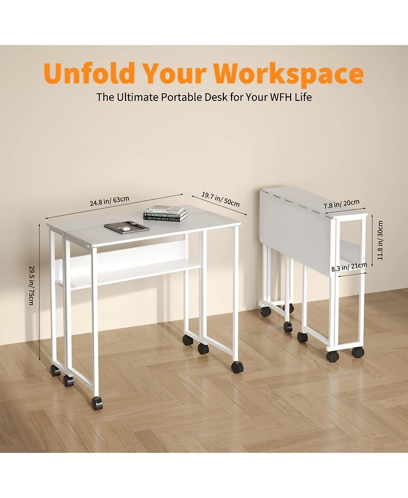 gaomon Folding Desk Small Rolling Desk with Storage Shelf,24.8 Inch Foldable Computer Table with Wheels,Portable Office Desk for Small Space SofaTable