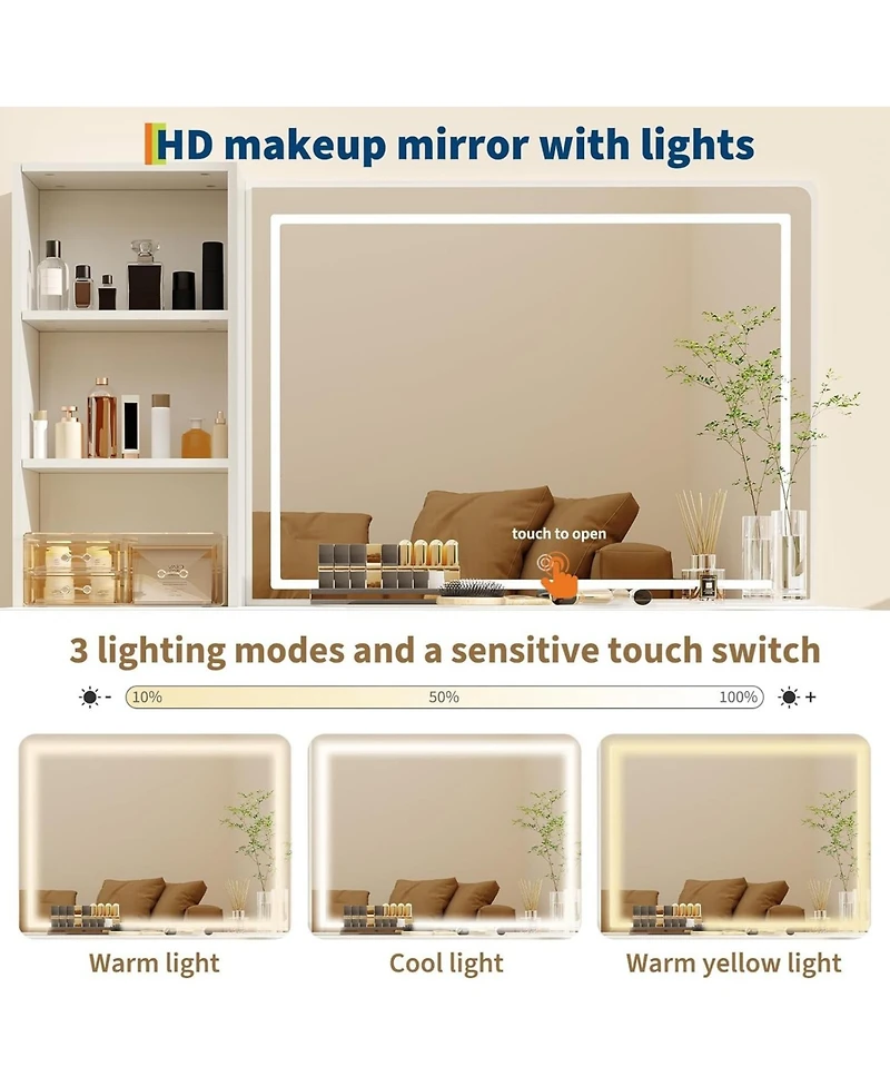 gaomon Extra Large Fluted Makeup Vanity - 36" Led Mirror, 6 Drawers and Charging Station (2 Ac+2 Usb) Oak Dressing Table with Tempered Glass Top