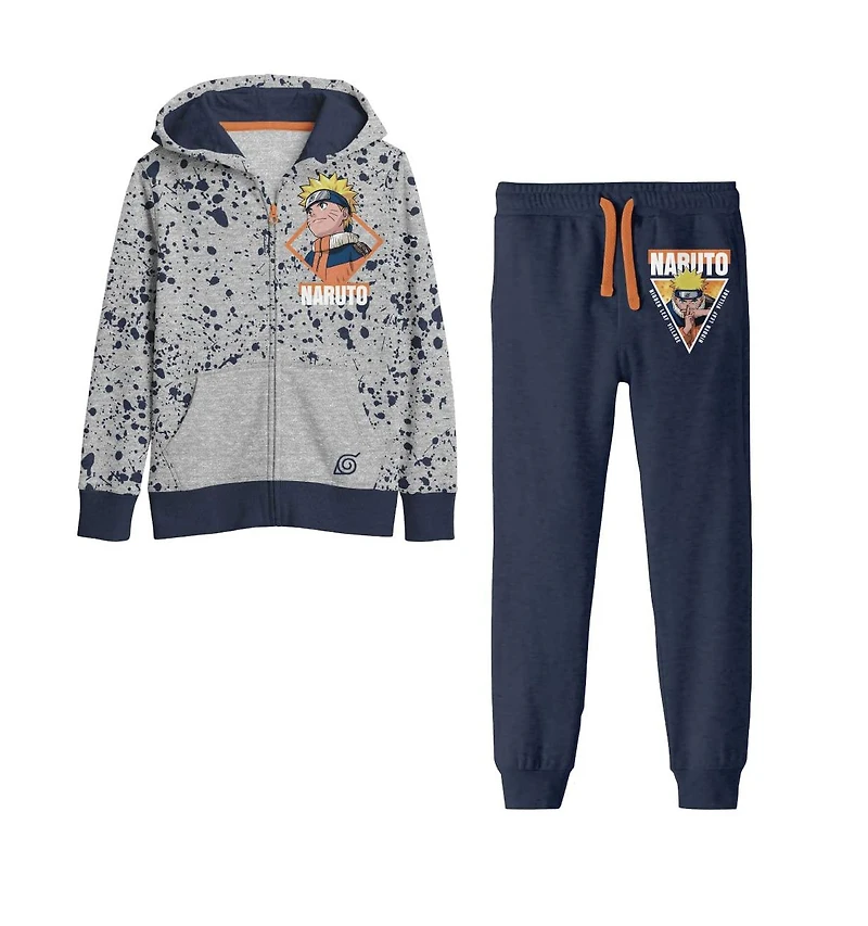 Naruto Boys Classic Youth Gray Zip Hoodie and Navy Jogger Pants
