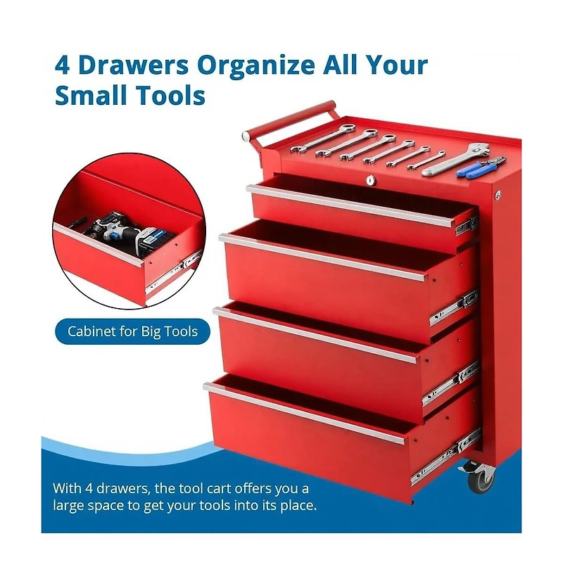 Gaomon 4-Drawer Portable Tool Storage Cart, Rolling Tool Chest Cabinet, Lockable Toolbox Organizer