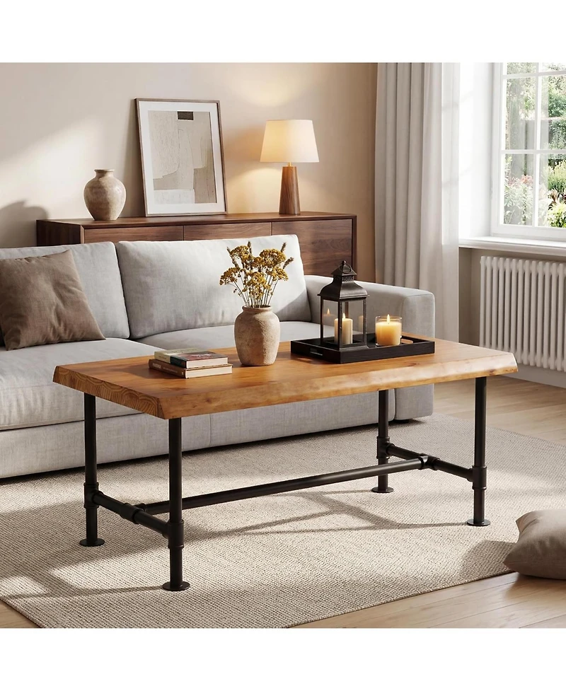 Tribesigns 47" Live Edge Coffee Table, Farmhouse Solid Wood Accent Center Table with Metal Legs, Rectangular Low Cocktail Tea Furniture