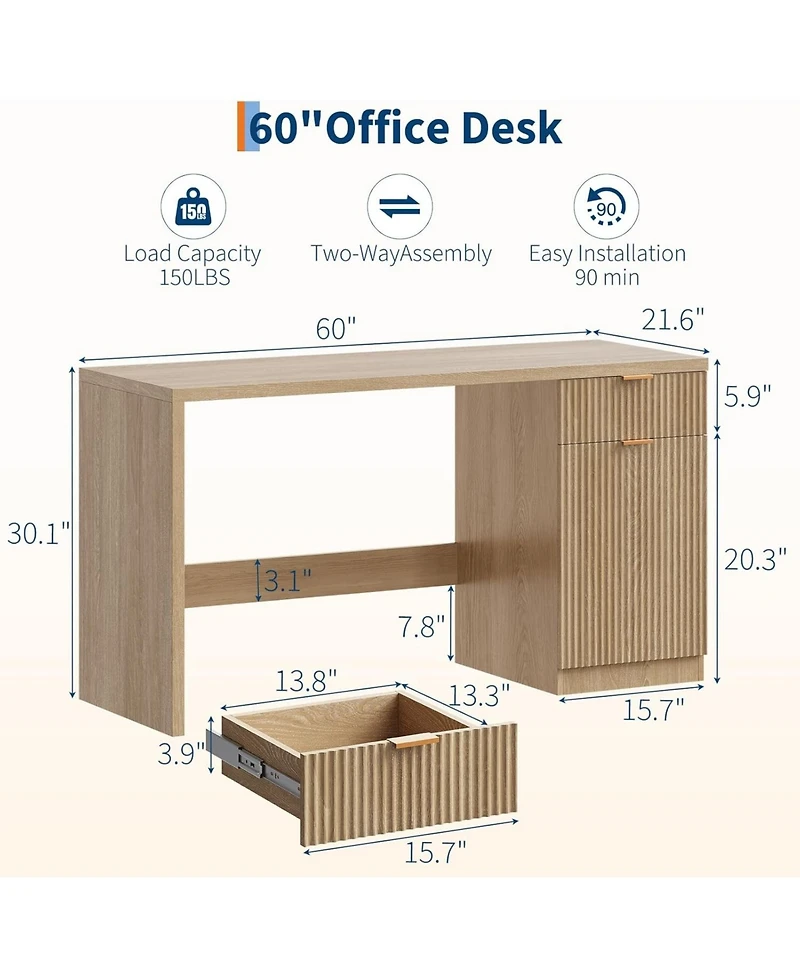 gaomon Modern Fluted Executive Desk - Wood Computer Desk with Storage Cabinet and Drawers, Oak Writing Table for Home Office, Study