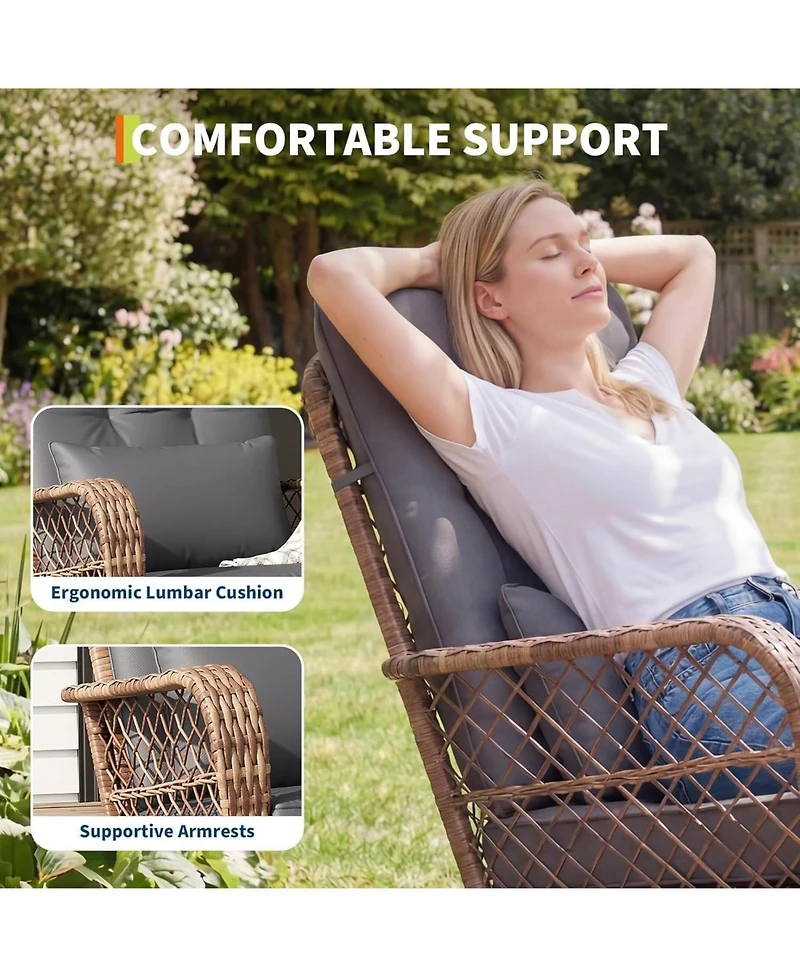 GarveeLife 3 Piece Patio Rocking Chair Set - High Back Rattan Rockers and Tempered Glass Coffee Table