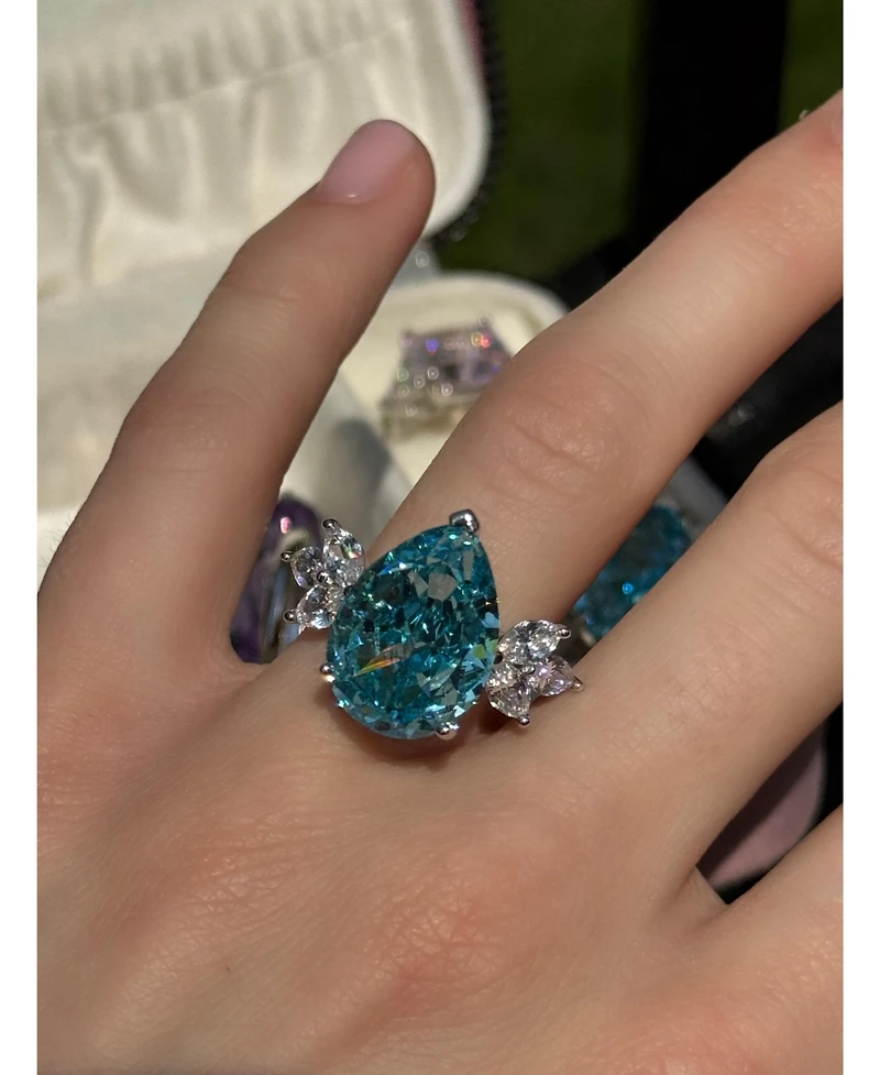Suzy Levian New York Gala Collection Sterling Silver Large Firework Pear-Cut Cubic Zirconia Marquise Burst Cocktail Ring