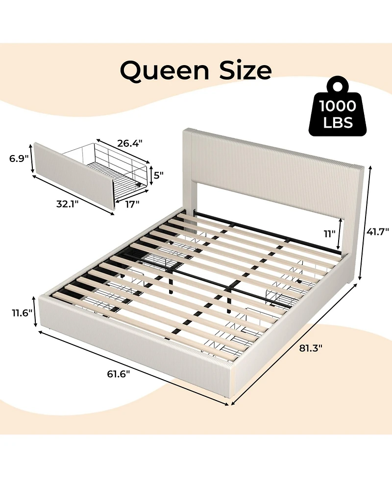 homfan Upholstered Platform Bed Frame with 4 Storage Drawers, Corduroy Channel Tufted Wingback Headboard