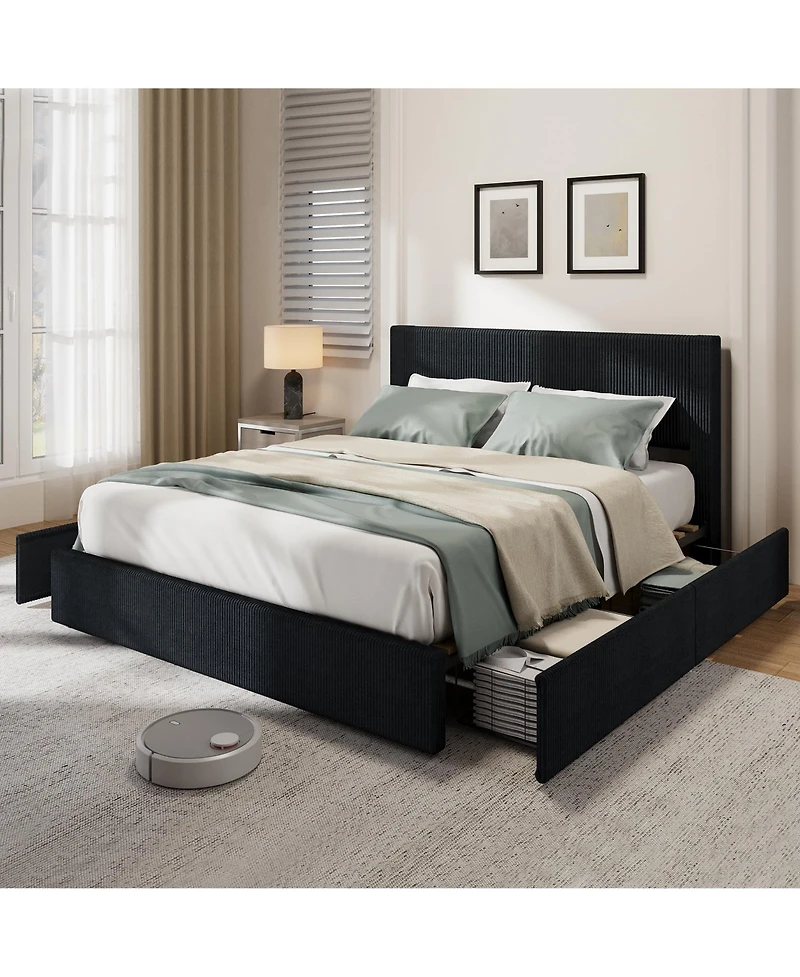 homfan Upholstered Platform Bed Frame with 4 Storage Drawers, Corduroy Channel Tufted Wingback Headboard