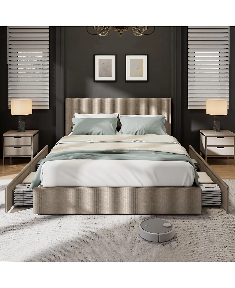homfan Upholstered Platform Bed Frame with 4 Storage Drawers, Corduroy Channel Tufted Wingback Headboard