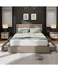 homfan Upholstered Platform Bed Frame with 4 Storage Drawers, Corduroy Channel Tufted Wingback Headboard