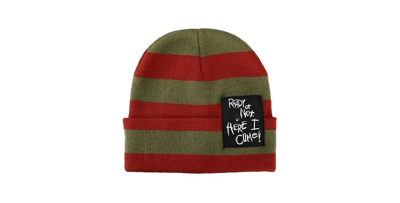 Nightmare on Elm Street Men's Ready Or Not Here I Come Woven Label Striped Cuffed Beanie
