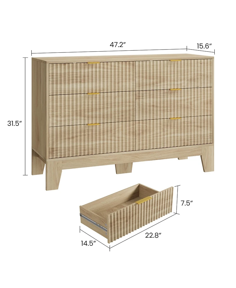 homfan 6 Drawer Dresser for Bedroom, 47" Wide Fluted Chest of Drawers with Metal Handle, Modern Wooden Tv Stand, Clothes Storage Organizer for Hallway