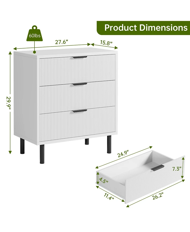 homfan Modern Fluted 3-Drawer Dresser, Wide Wooden Storage Chest with Metal Legs and Anti-Tip Device