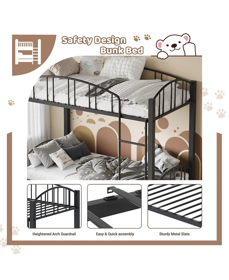 homfan Twin Over Metal Bunk Bed with Ladder and Arched Guardrail, Space-Saving Frame Steel Slats, No Box Spring Needed