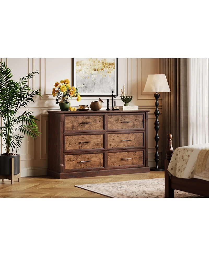 homfan 6-Drawer Dresser for Bedroom, Farmhouse Chest of Drawers with Metal Handles, Wide Storage Cabinet Living Room Hallway