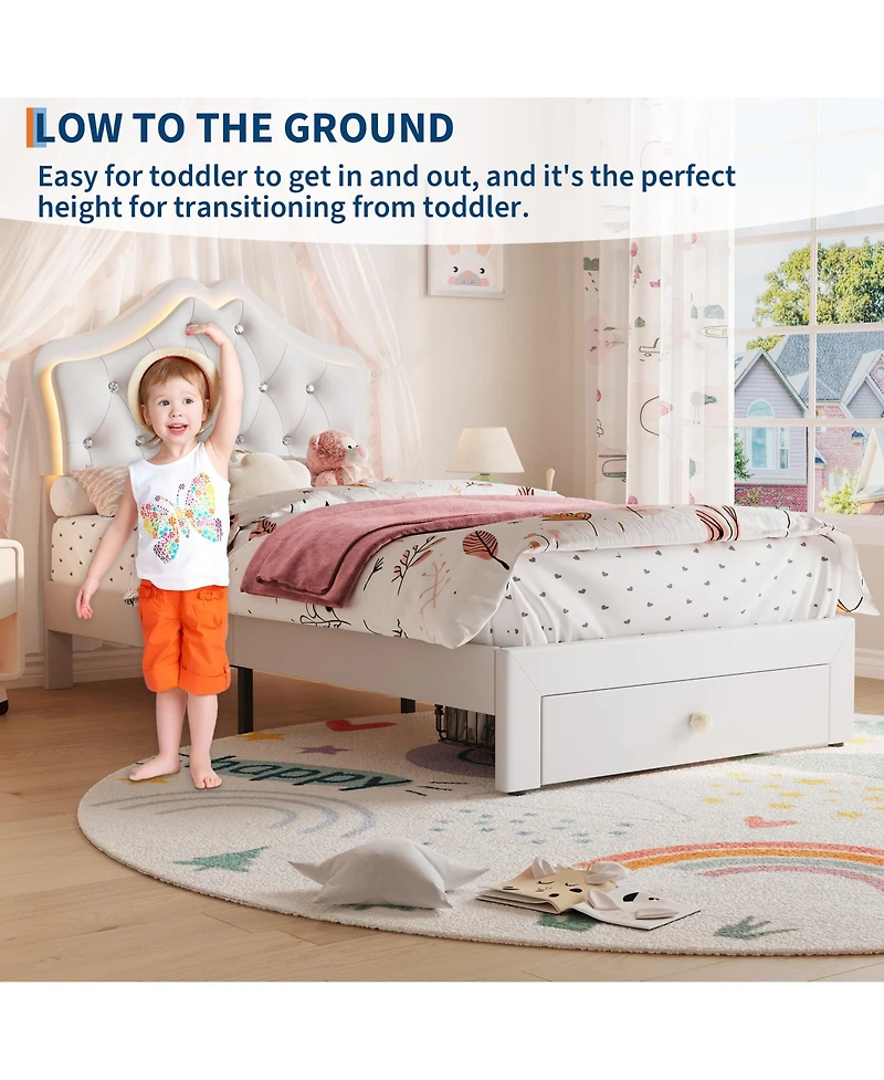 homfan Twin Upholstered Princess Bed Frame with Led Headboard, Storage Drawer, Velvet Finish, No Box Spring Needed