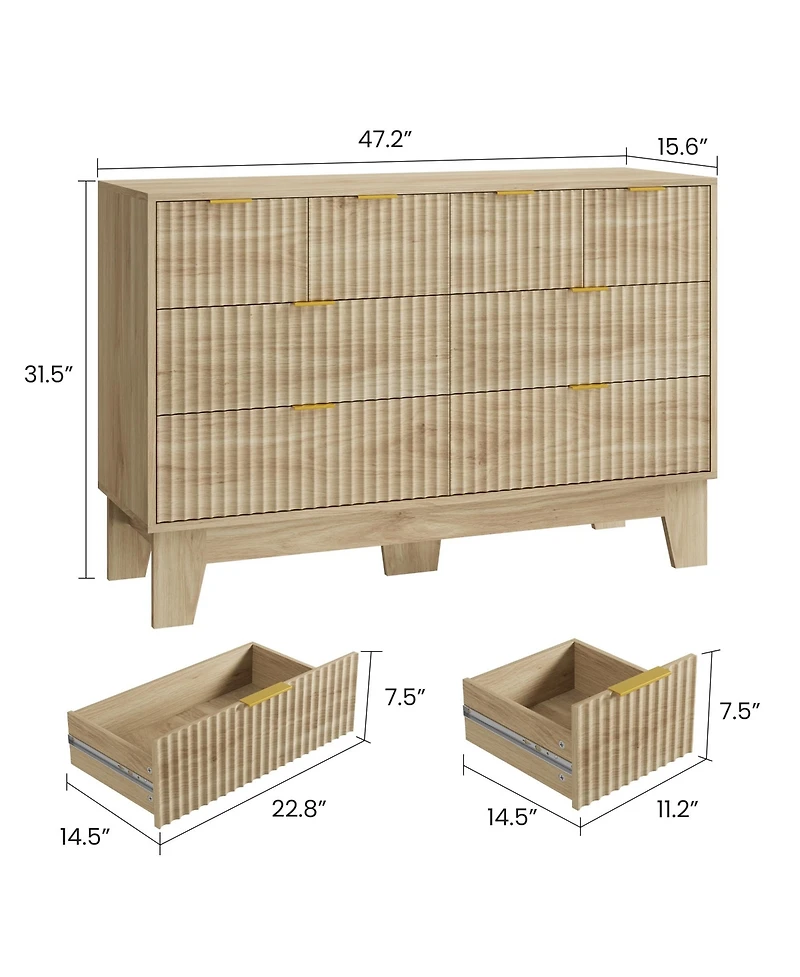 homfan 8 Drawer Dresser for Bedroom, 47" Wide Fluted Chest with Metal Handle, Modern Wooden Tv Stand, Clothes Organizer for Hallway, Entryway