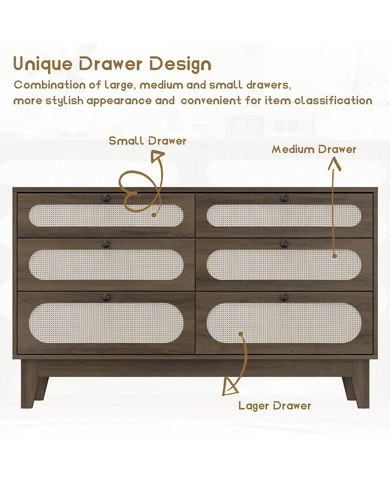 homfan Modern Farmhouse 6-Drawer Rattan Cabinet, Wooden Dresser with Charging Ports, Metal Handles and Anti-Tip Design