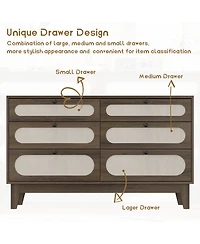 homfan Modern Farmhouse 6-Drawer Rattan Cabinet, Wooden Dresser with Charging Ports, Metal Handles and Anti-Tip Design