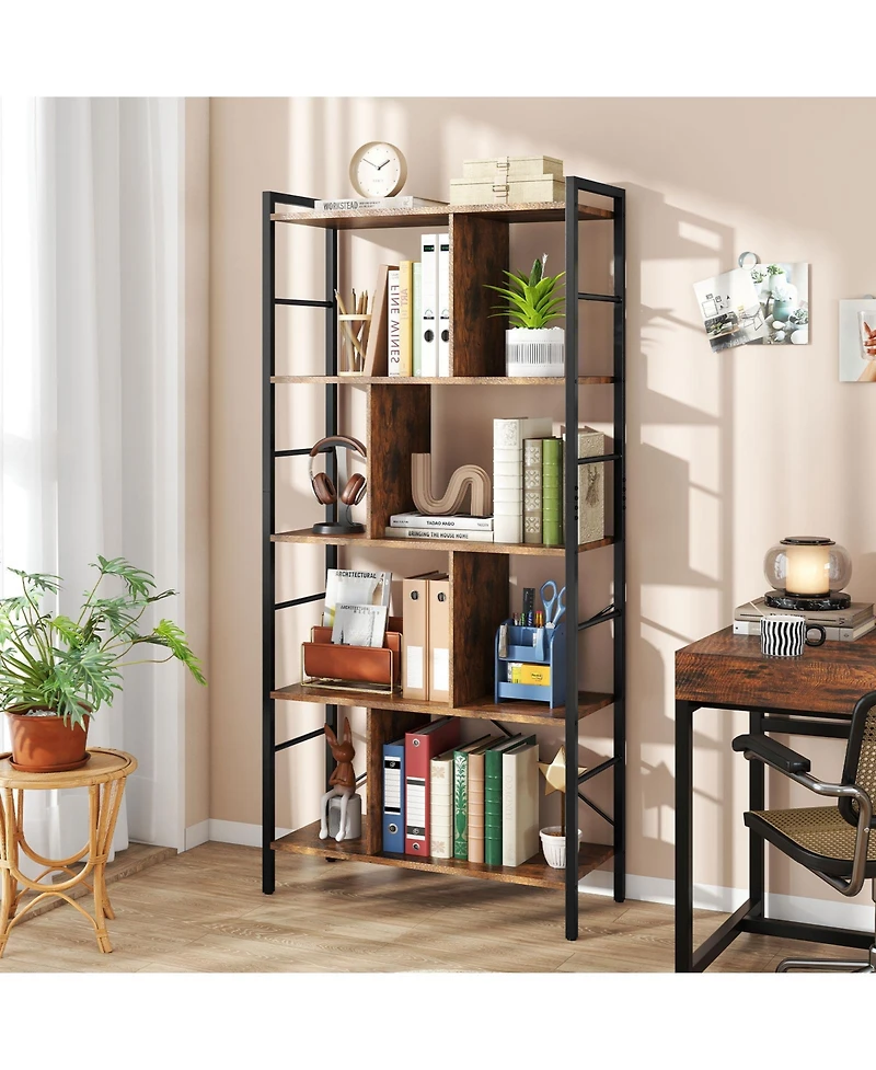 Gymax 2 pieces 61'' 5-Tier Bookshelf with Metal Frame 2 Anti-Tipping Devices for Living Room