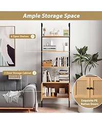 Gymax 2 pieces Wall-Mounted Ladder Shelf 5-tier Bookshelf with Rattan-Door Cabinet Display Rack