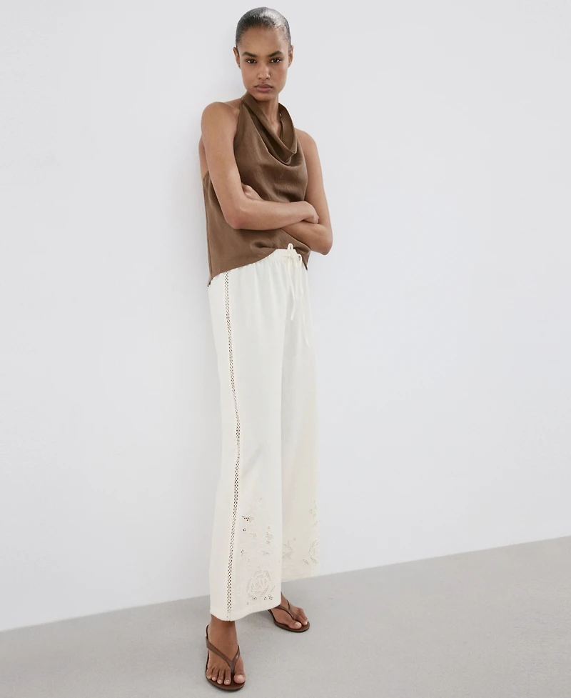 Mango Women's Openwork-Embroidered Palazzo Pants