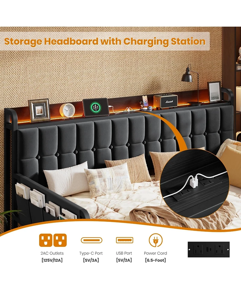 homfan Upholstered Twin Daybed with Trundle, Led Lights, Charging Station and Storage Headboard, Metal Slat Support