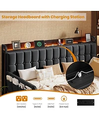 homfan Upholstered Twin Daybed with Trundle, Led Lights, Charging Station and Storage Headboard, Metal Slat Support