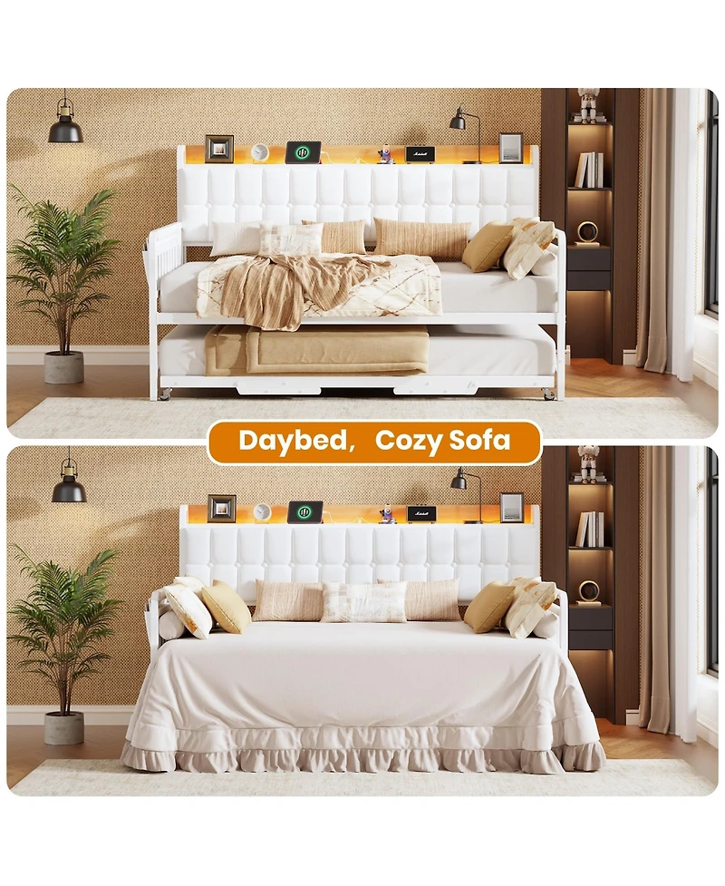 homfan Upholstered Twin Daybed with Trundle, Led Lights, Charging Station and Storage Headboard, Metal Slat Support