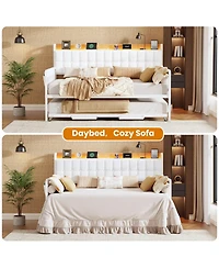 homfan Upholstered Twin Daybed with Trundle, Led Lights, Charging Station and Storage Headboard, Metal Slat Support