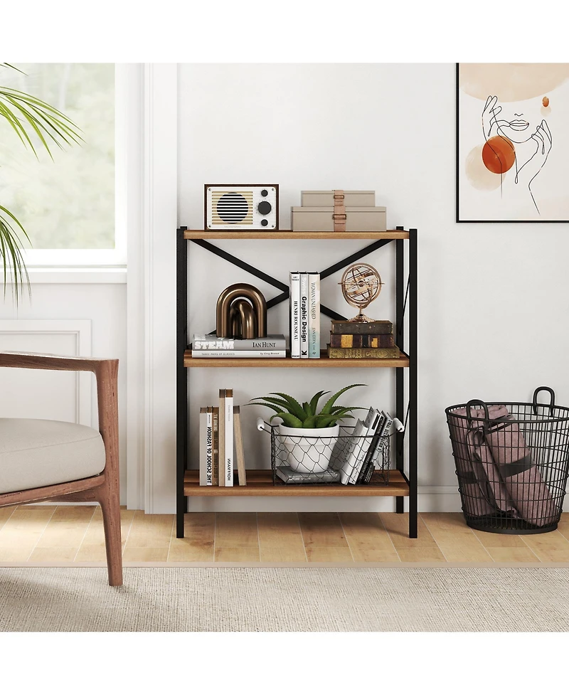 Gymax 2Pieces 3-Tier Bookshelf Industrial Bookcase with Heavy-Duty Metal FrameBook Holder