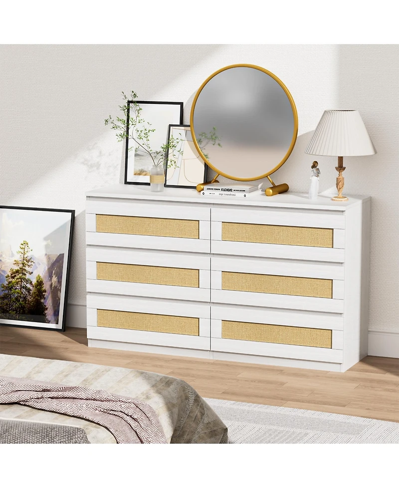 homfan Modern Wide 6 Drawer Rattan Dresser - Spacious Double Chest with Anti-Tip Kit Storage Solution for Bedroom, Living Room, Hallway