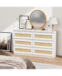 homfan Modern Wide 6 Drawer Rattan Dresser - Spacious Double Chest with Anti-Tip Kit Storage Solution for Bedroom, Living Room, Hallway