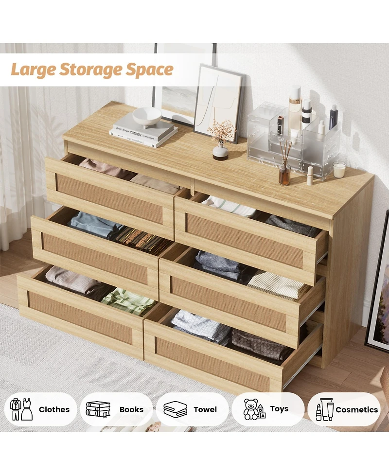 homfan Modern Wide 6 Drawer Rattan Dresser - Spacious Double Chest with Anti-Tip Kit Storage Solution for Bedroom, Living Room, Hallway