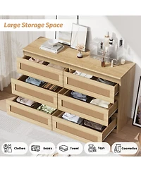 homfan Modern Wide 6 Drawer Rattan Dresser - Spacious Double Chest with Anti-Tip Kit Storage Solution for Bedroom, Living Room, Hallway