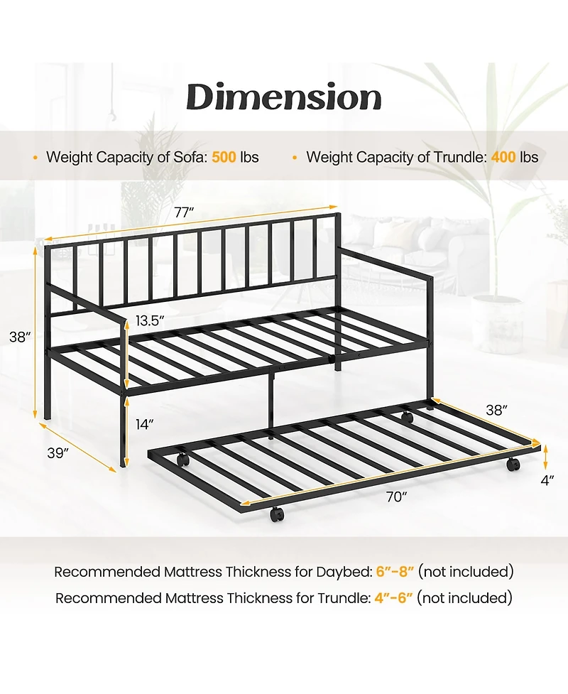 Gymax Twin Metal Daybed Sofa Bed with Trundle and Lockable Casters for Living Room