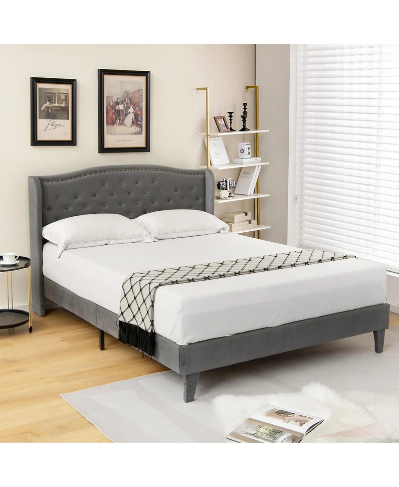 Gymax Full Upholstered Platform Bed Frame With Button Tufted Headboard Wooden Slats