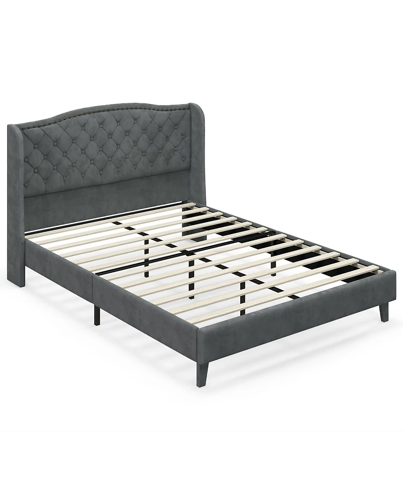 Gymax Full Upholstered Platform Bed Frame With Button Tufted Headboard Wooden Slats