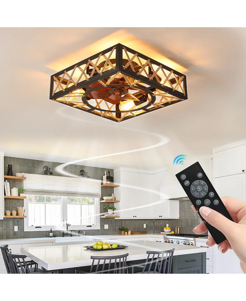 Clihome Farmhouse Rustic Ceiling Fan, Square Caged Industrial Ceiling Fixture with 6 Speeds